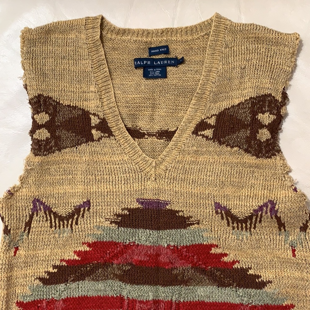 Ralph Lauren Tan Southwestern V-Neck Knit Vest with Red & Olive Motif - Picture 4 of 10